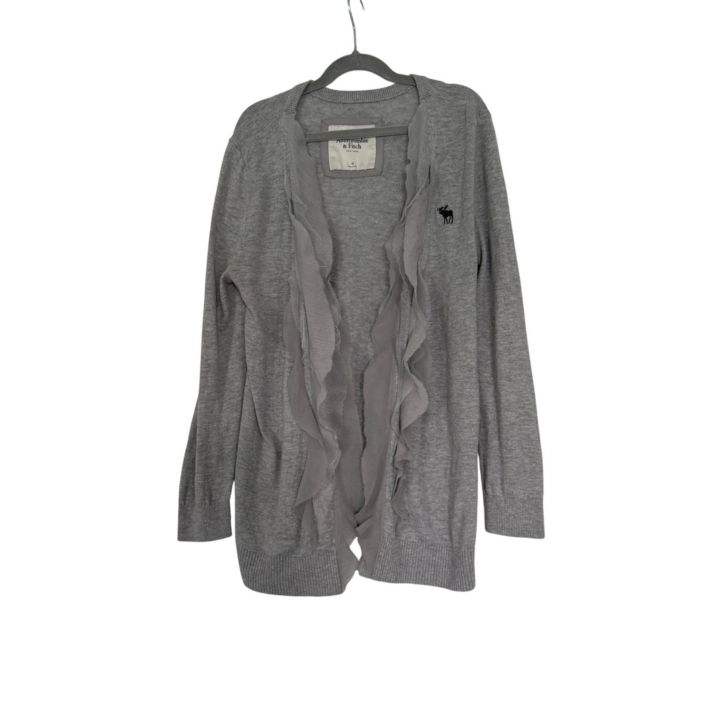 Abercrombie & Fitch Womens M Gray Ruffle Cardigan Moose Logo Y2K Preppy